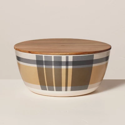 10pc Fall Plaid & Stripe Bamboo-Melamine Picnic Set Tan/Blue/Cream - Hearth & Hand™ With Magnolia 2 10pc Fall Plaid & Stripe Bamboo-Melamine Picnic Set Tan/Blue/Cream - Hearth & Hand™ With Magnolia - Image 2