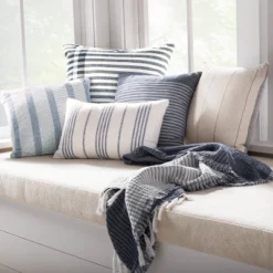 24"x24" Contrast Edge Stripe Oversized Throw Pillow Gray/Blue - Hearth & Handâ„¢ With Magnolia