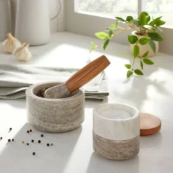 2pc Marble & Wood Mortar And Pestle Set Warm Gray - Hearth & Handâ„¢ With Magnolia