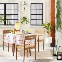 70" Distressed Grid Lines Wipeable Oil-Cloth Round Tablecloth Red/Cream - Hearth & Hand™ With Magnolia