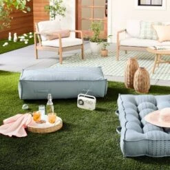 52"x24"x6" Rib Stripe Woven Chambray French-Style Indoor/Outdoor Floor Cushion Blue - Hearth & Hand™ With Magnolia